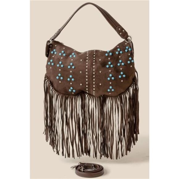 Fame Studded Pattern Multi Fringe Hobo Shoulder Bag - Picture 1 of 3